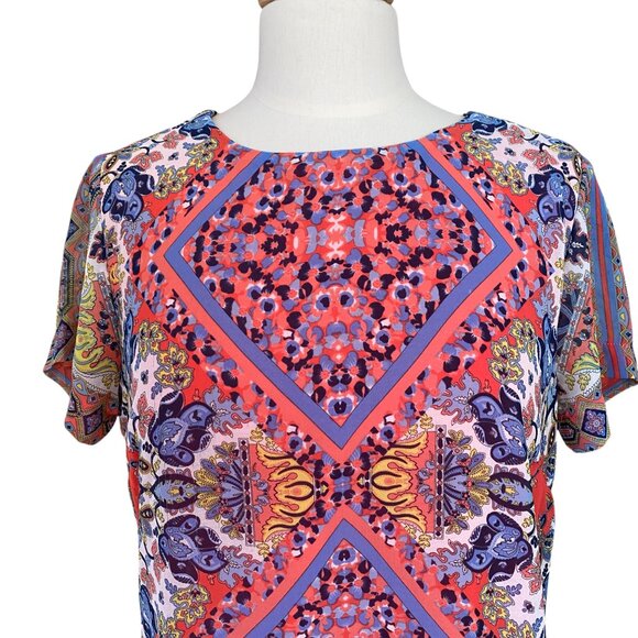 Lulus Sangria Coral Pink Tile Print Mini Shift Dress Chiffon Boho Maximalist-L - Picture 2 of 13